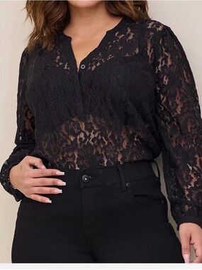 Torrid Black Sheer Floral Lace Pattern Long-Sleeve Blouse V Neck Cuff Sleeves